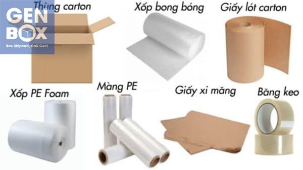 Các dụng cụ cần thiết để đóng gói hàng hóa bằng hộp carton gồm băng keo, kéo và xốp nổ.